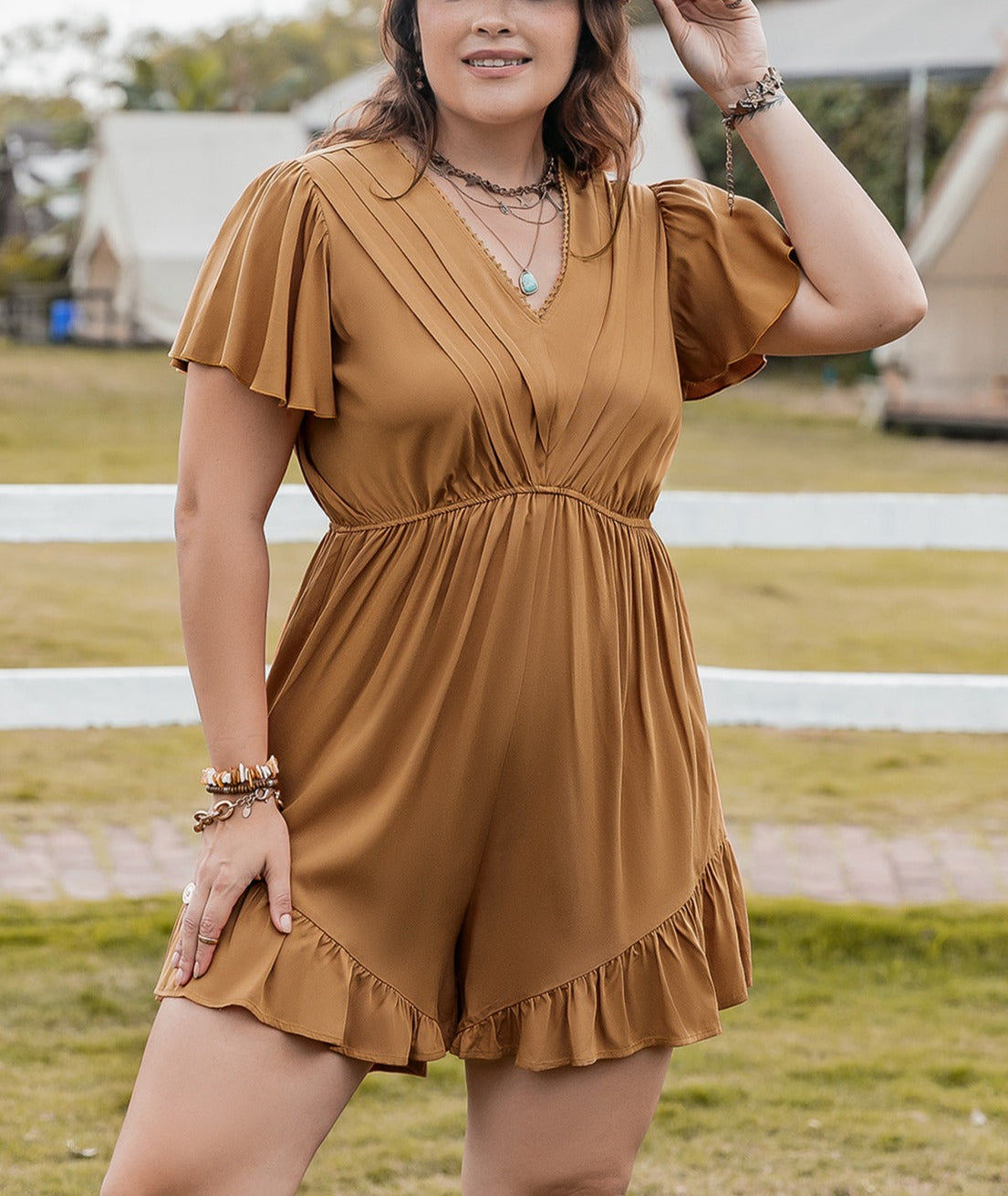 Plus Size Ruffled V-Neck Short Sleeve Romper