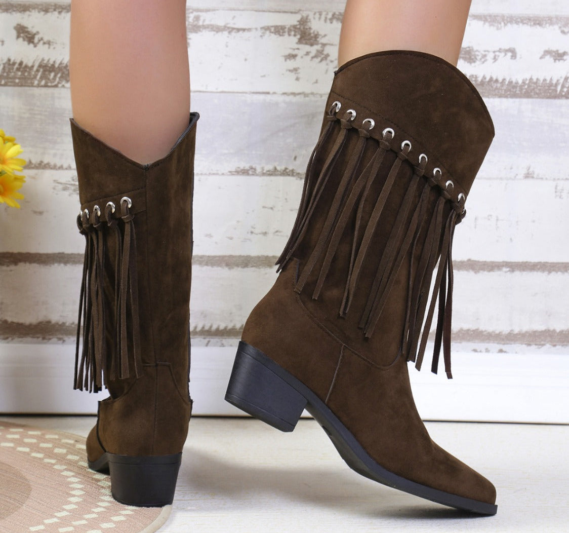 Fringe Suede Point Toe Block Heel Boots