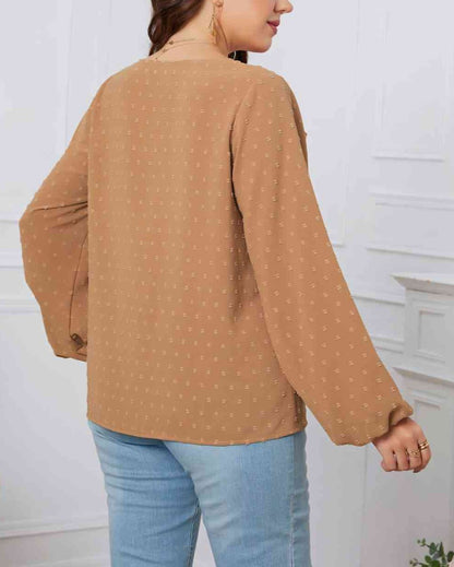 Melo Apparel Plus Size Swiss Dot Frill Trim Round Neck Blouse