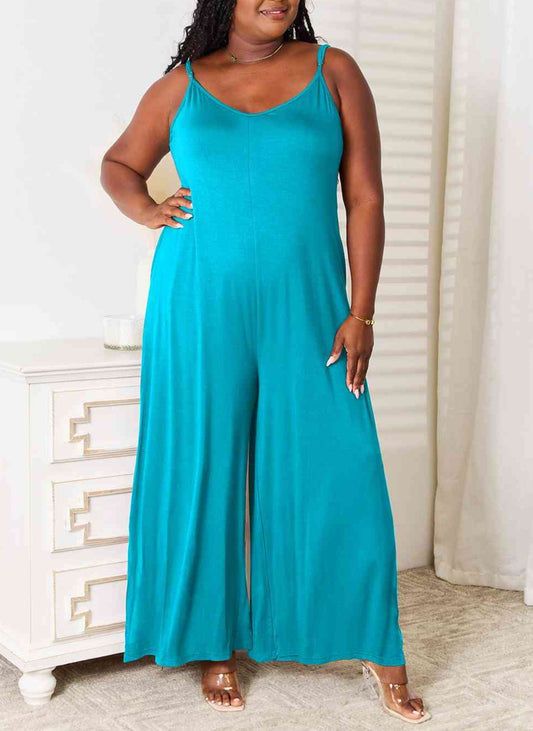 Double Take Soft Rayon Spaghetti Strap Tied Wide Leg Jumpsuit