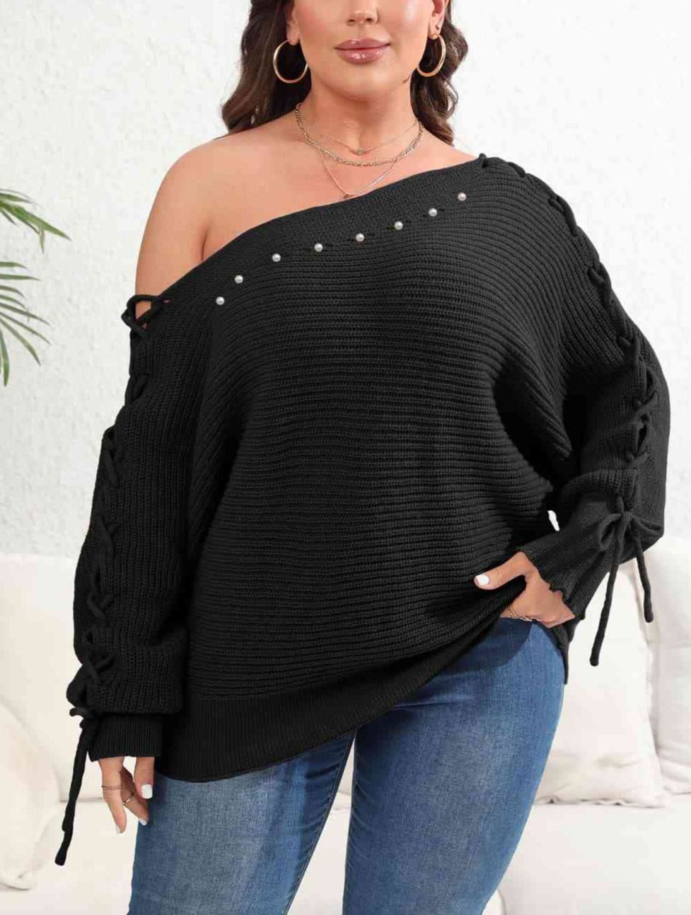 Plus Size One Shoulder Beaded Sweater