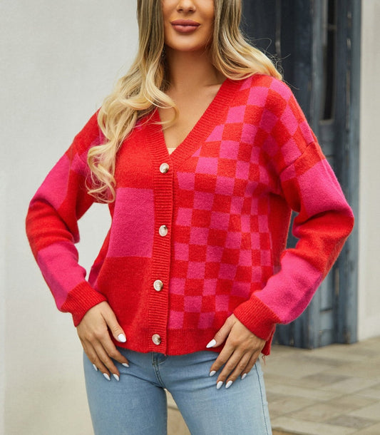 Plaid V-Neck Dropped Shoulder Cardigan