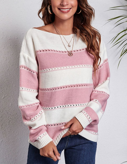 Striped Boat Neck Dropped Shoulder Sweater