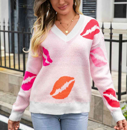 Lip V-Neck Drop Shoulder Sweater