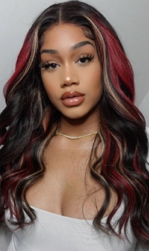 Black With Red & Blonde Highlights Lace Front Wig