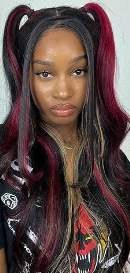 Black with Red & Blonde Highlights Lace Front Wig