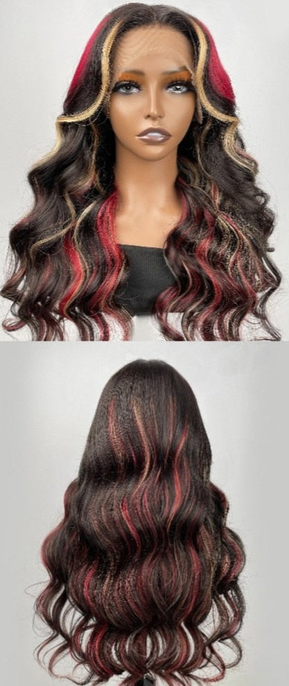 Black with Red & Blonde Highlights Lace Front Wig