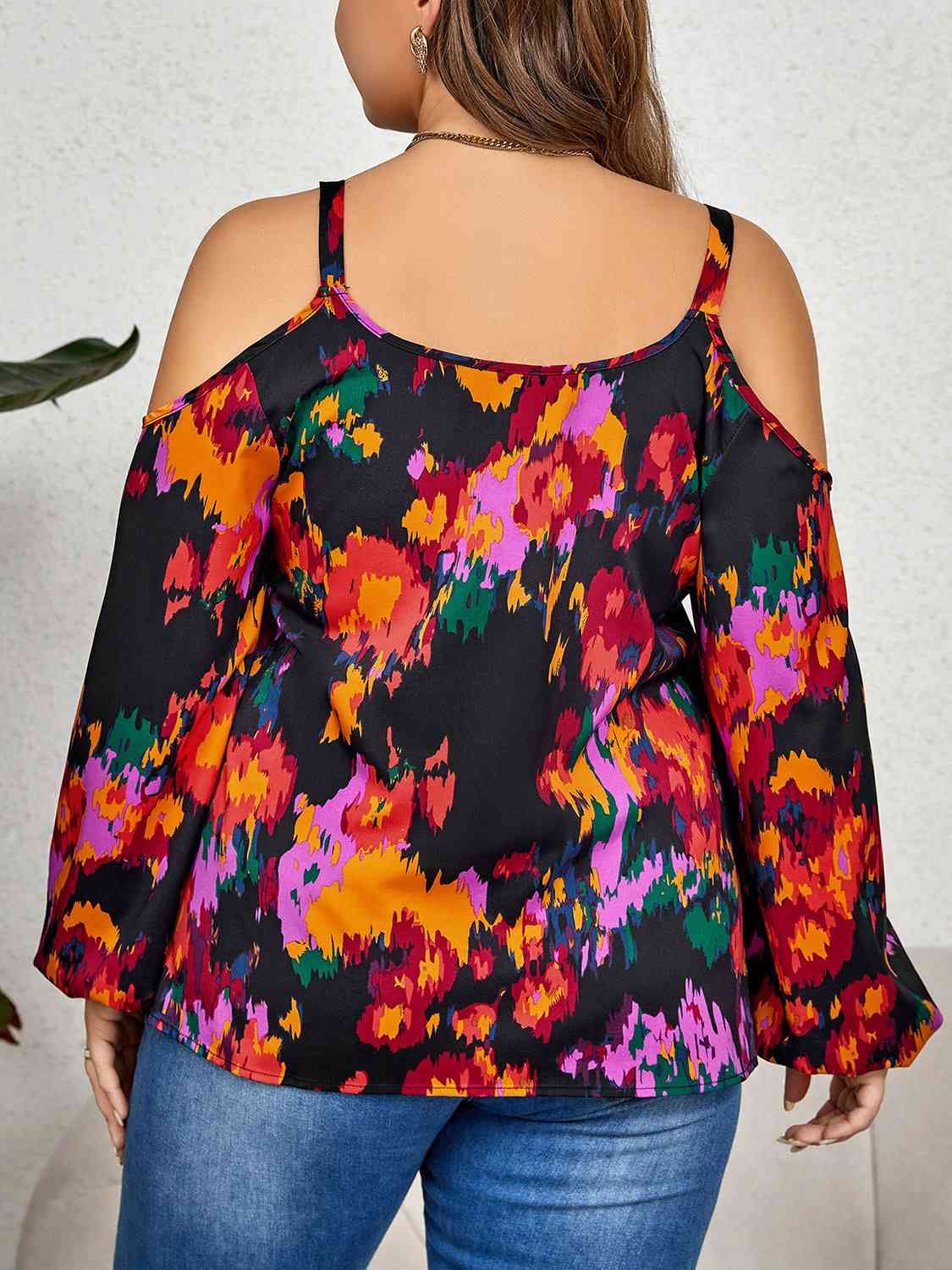 Plus Size Printed Cold Shoulder Long Sleeve Blouse