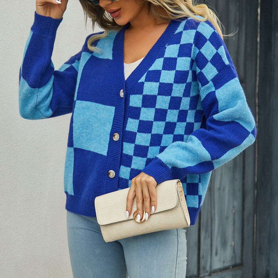 Plaid V-Neck Dropped Shoulder Cardigan