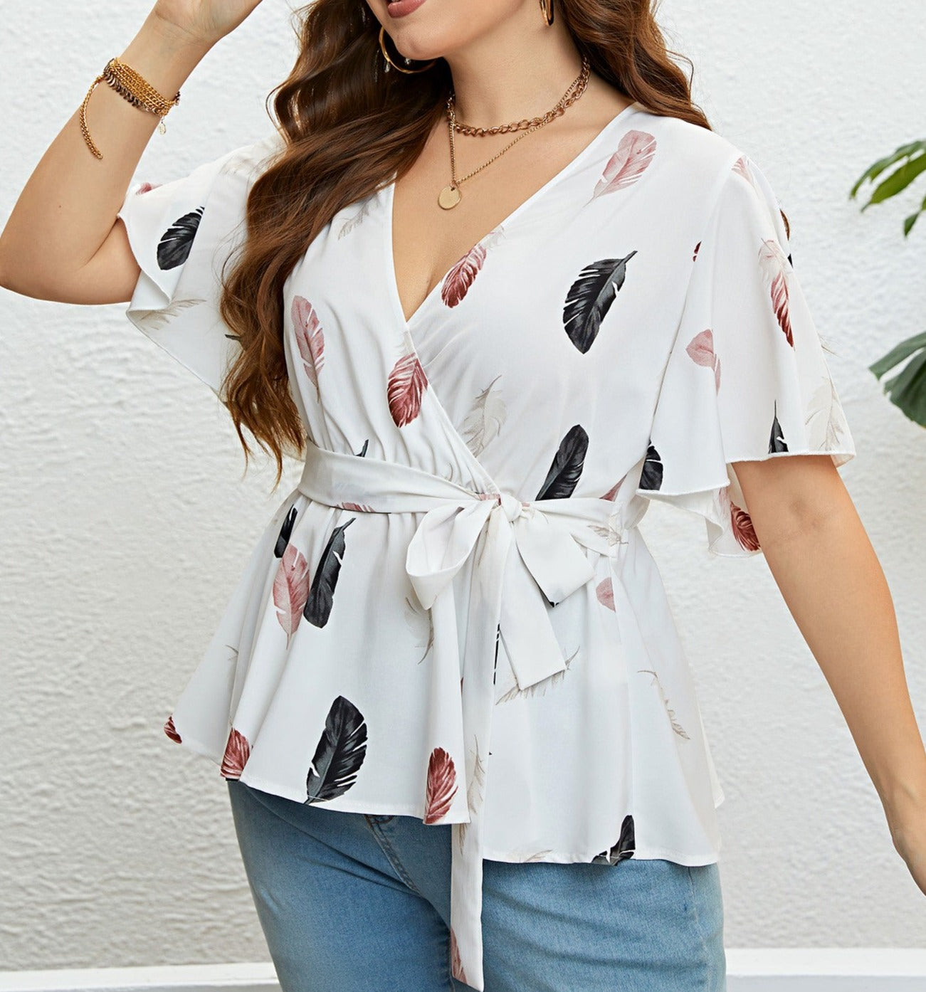 Feather Print Tied Flutter Sleeve Blouse